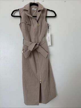 NWT! Calvin Klein Sleeveless Zip-Front Trench Mini Dress in Beige-Taupe